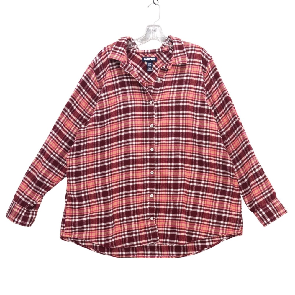 Lands' End Women's 20W Cotton Flannel Shirt Plaid Long Sleeve Button‎ Down Top